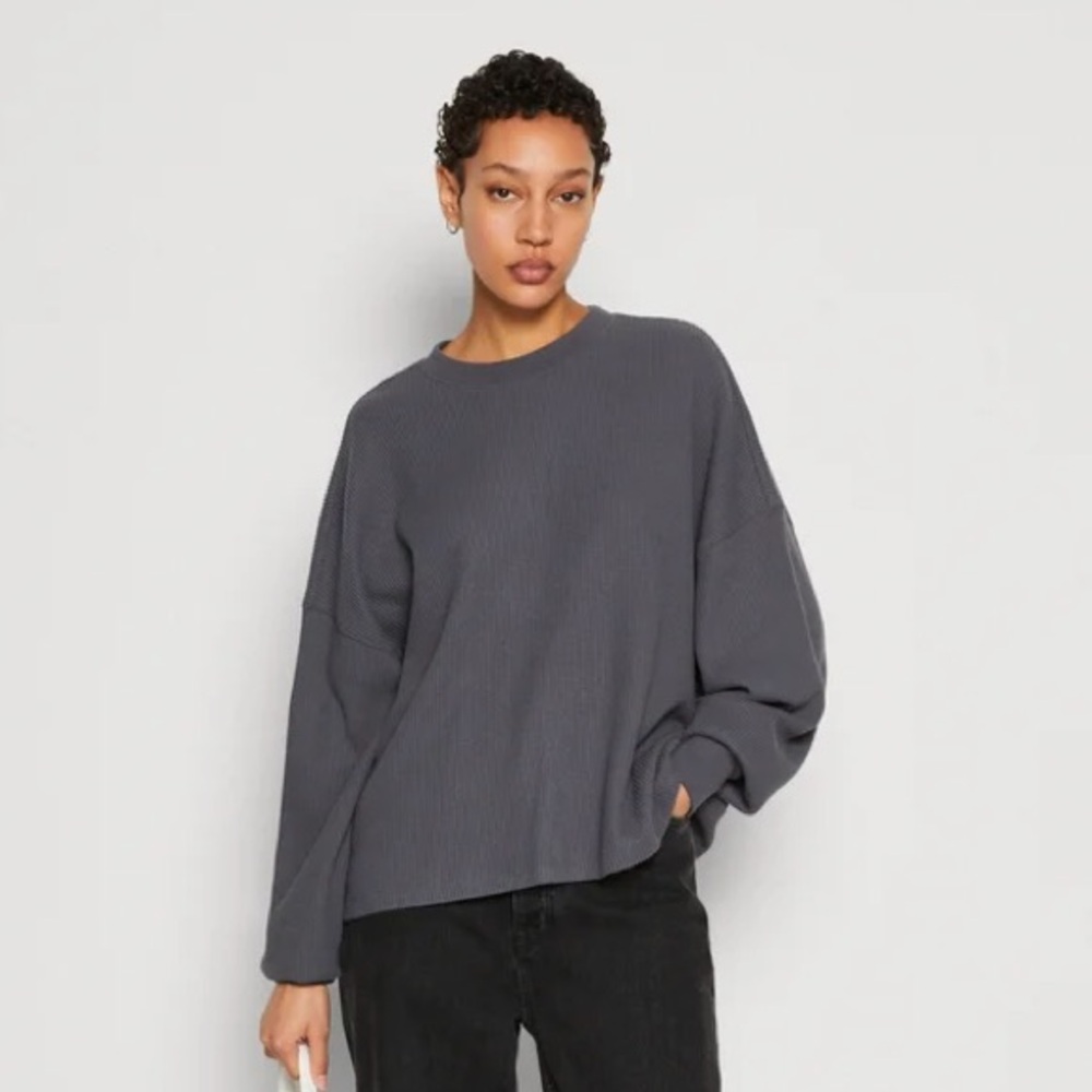 MUST GO‼️ Abercrombie Long-Sleeve Oversized Waffle Tee, Slate Gray, XS